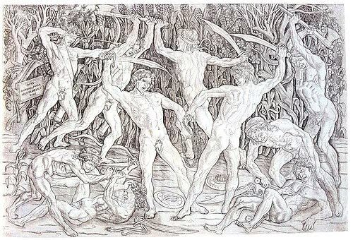 呈現人物交戰場景的線描圖。
