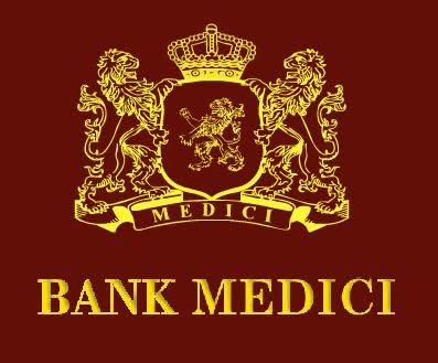 帶有 BANK MEDICI 字樣的金色紋章圖樣。