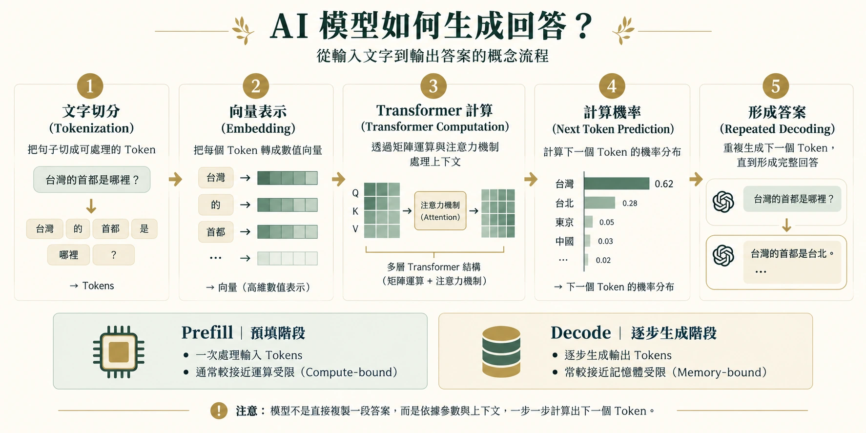 圖 4|AI 模型處理文字、生成回應的概念流程。圖中詞元切分與機率皆為示意;實際模型會反覆讀寫記憶體並執行多層運算。